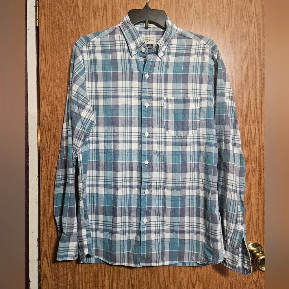 J. CREW Shirt Mens Medium Slim Stretch Secret Wash Classic 100%Cotton Blue Plaid